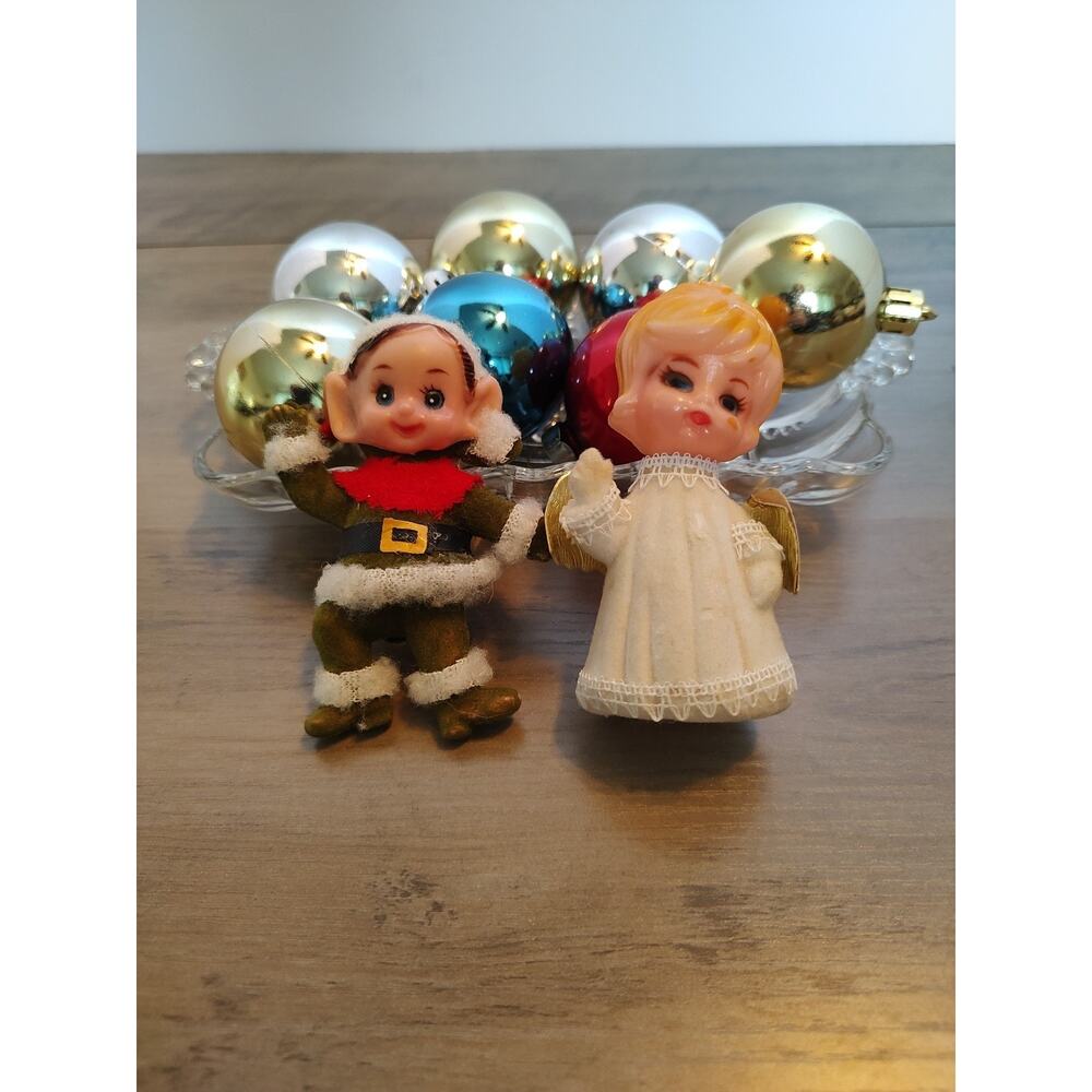 Vtg. 50's Flocked Plastic Big Eared Elf Ornament, Plastic Angel & Ornaments